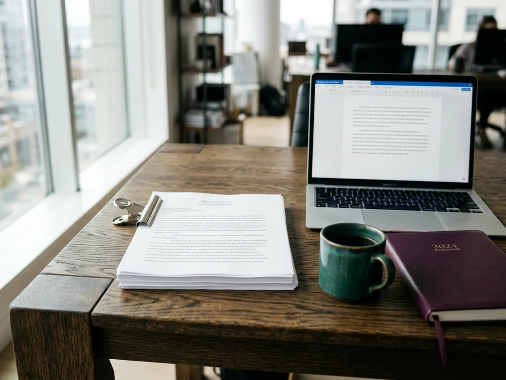 Bureau professionnel avec documents juridiques et ordinateur, illustrant la transparence des mentions légales d'un site immobilier.