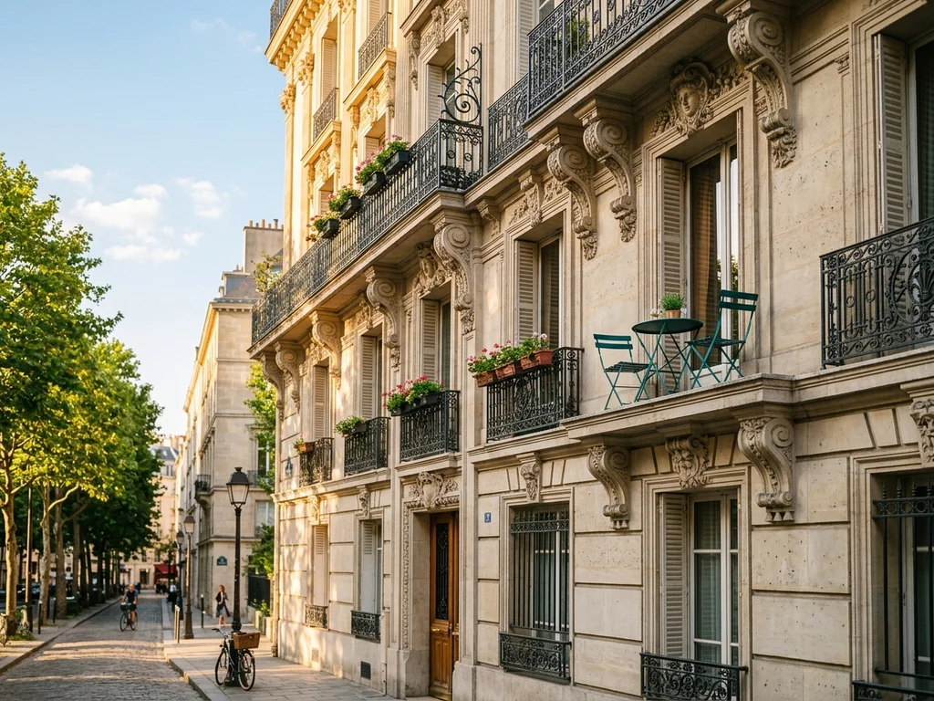 Façade d'immeuble haussmannien en pierre sous une lumière dorée illustrant le patrimoine immobilier français.