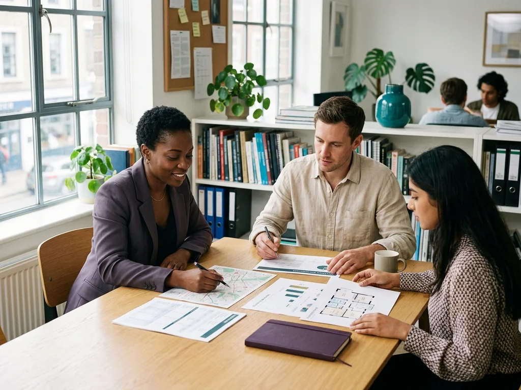 Rédacteurs immobiliers analysant des dossiers et graphiques de marché pour préparer le contenu éditorial.