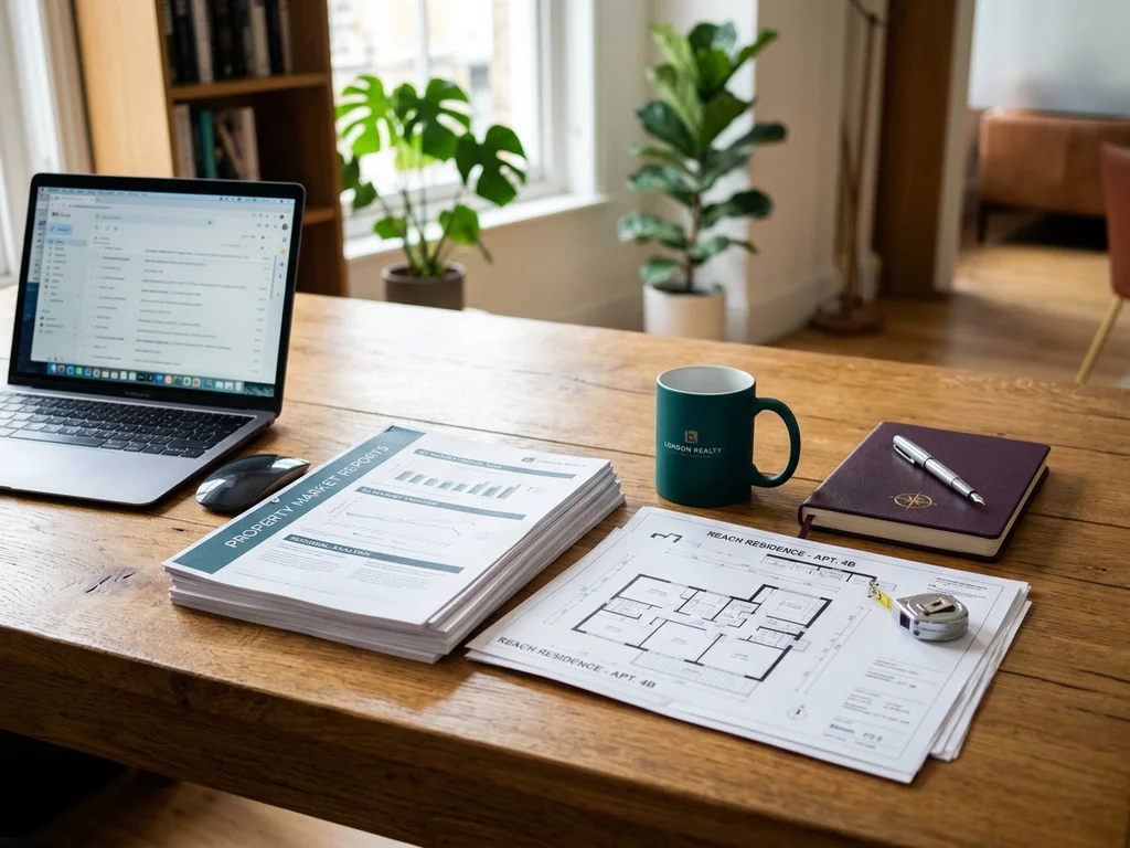 Table de rédaction organisée avec dossiers immobiliers et ordinateur portable pour les demandes de contact.